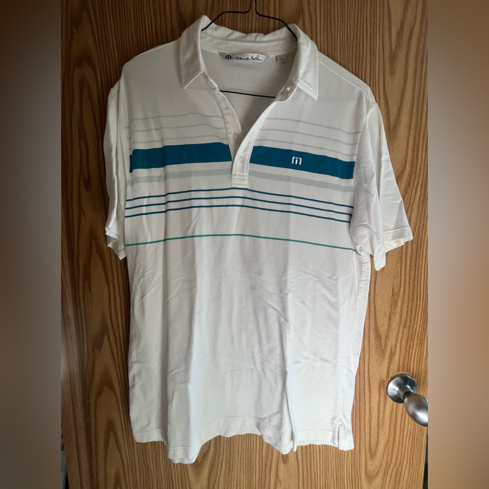 Men's Travis Mathew White and Blue Striped Golf Shirt